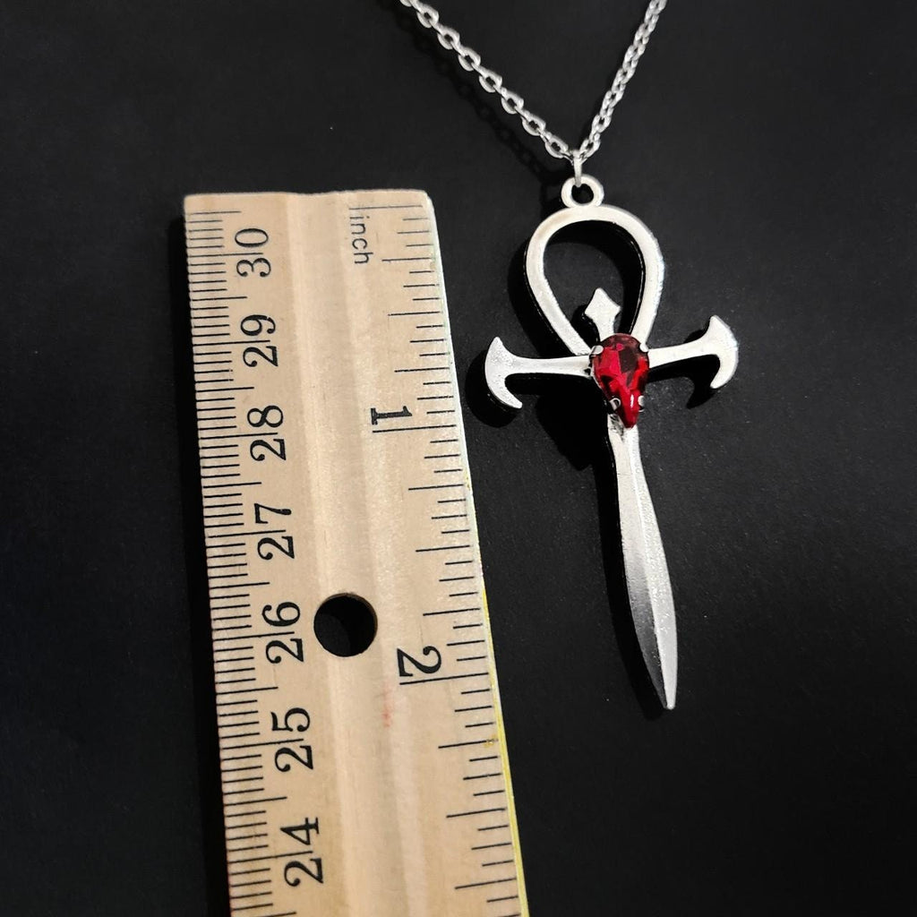 18" Red Crystal Gothic Ankh Necklace