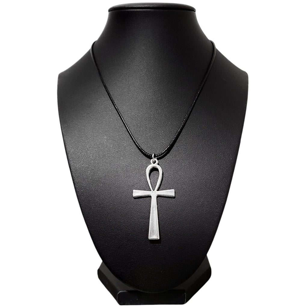 16" Silver Ankh Pendant Necklace - Black Cord