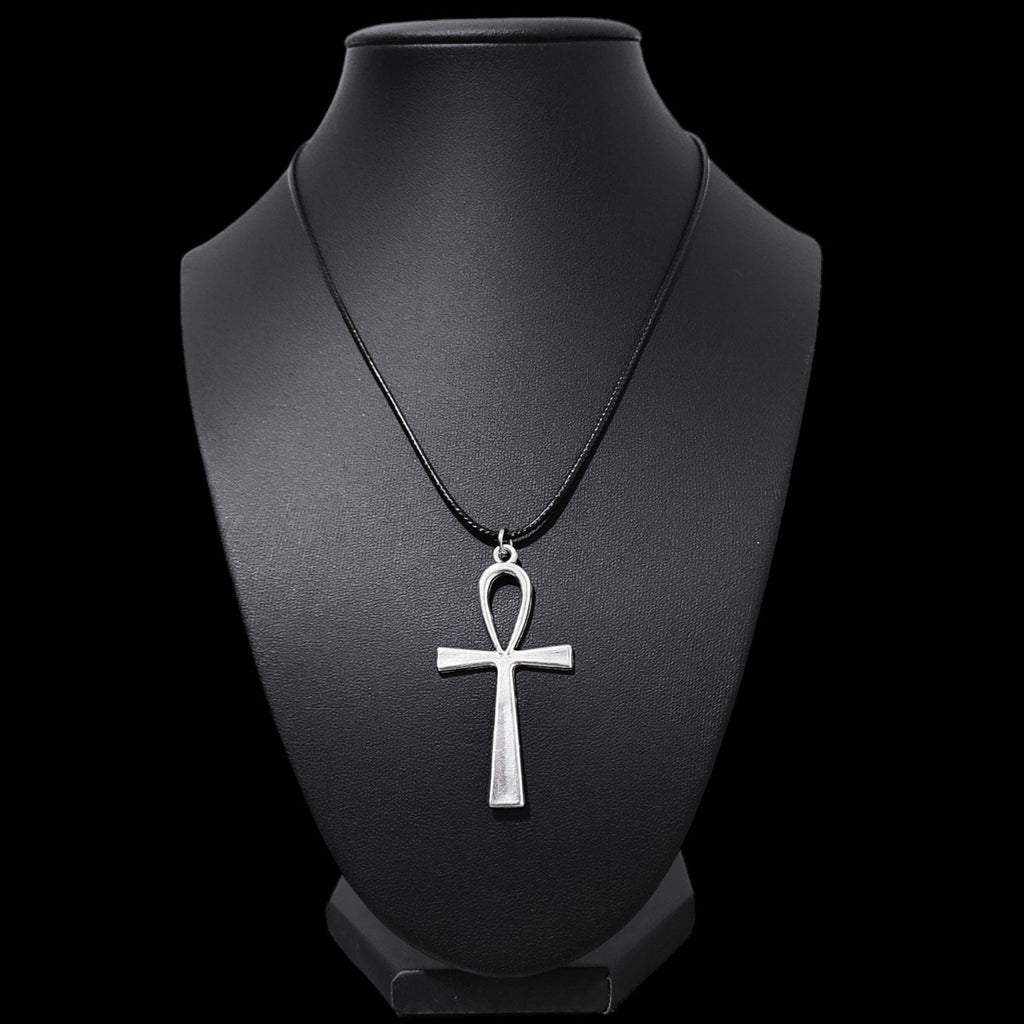 16" Silver Ankh Pendant Necklace - Black Cord