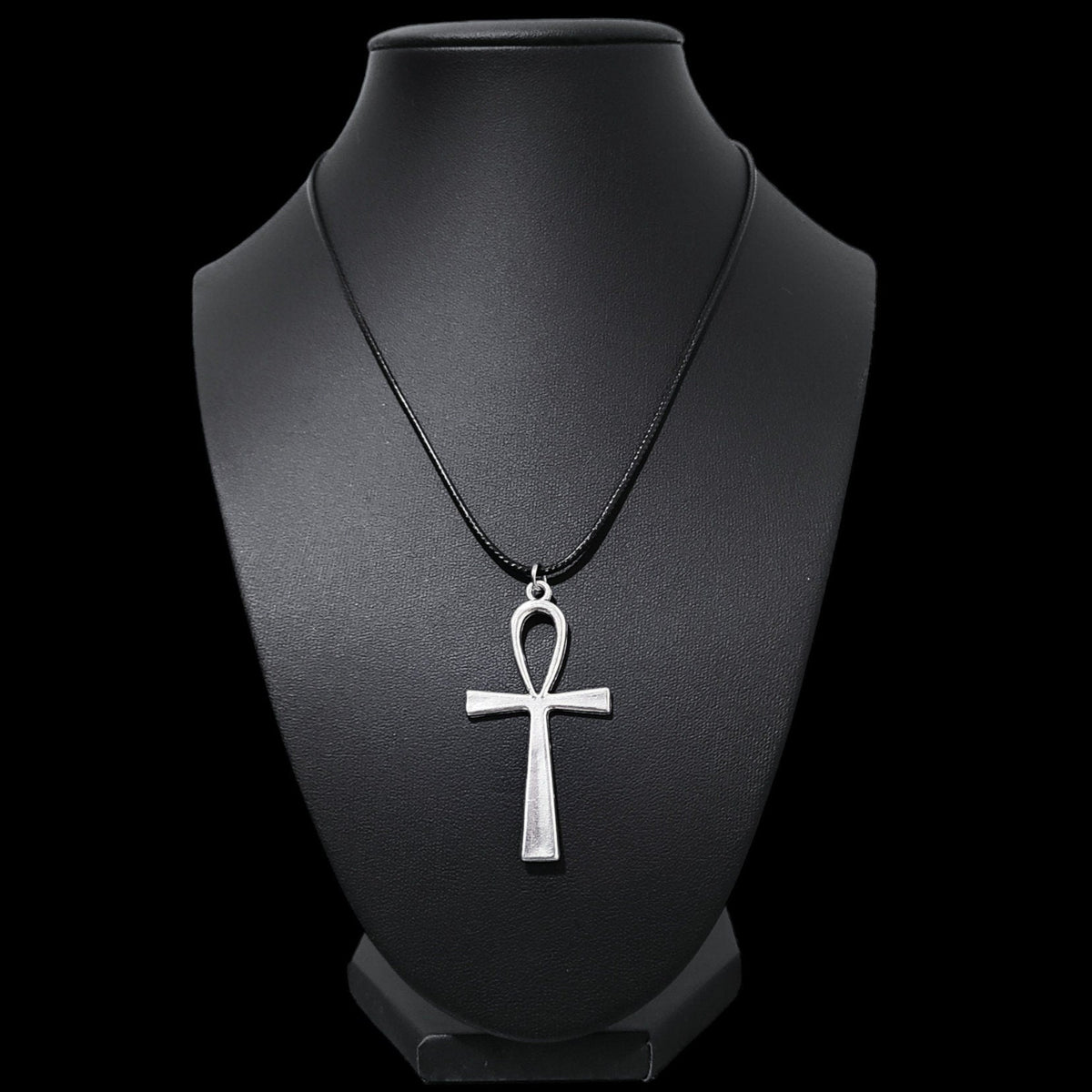 16" Silver Ankh Pendant Necklace - Black Cord