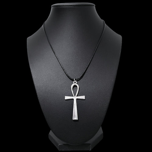 16" Silver Ankh Pendant Necklace - Black Cord