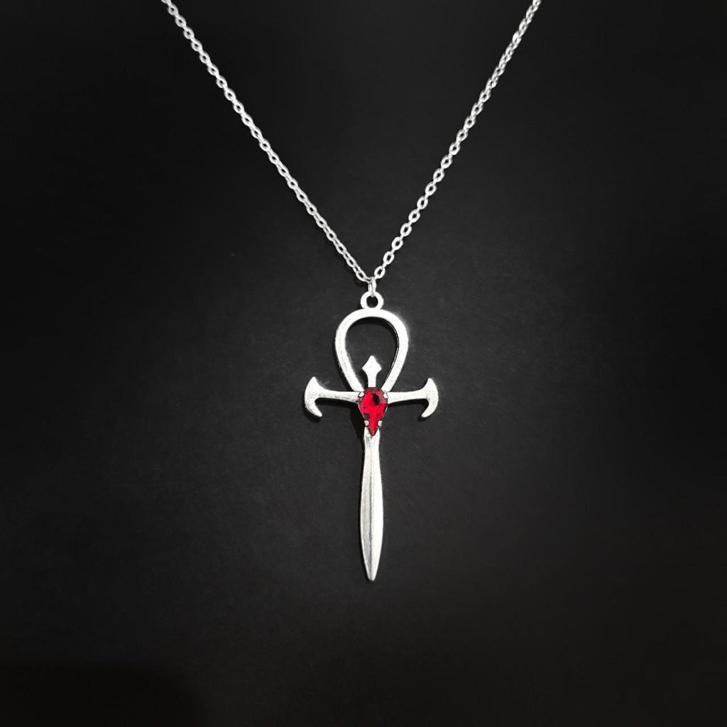 18" Red Crystal Gothic Ankh Necklace