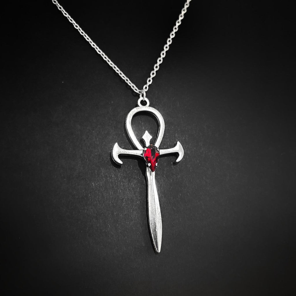 18" Red Crystal Gothic Ankh Necklace