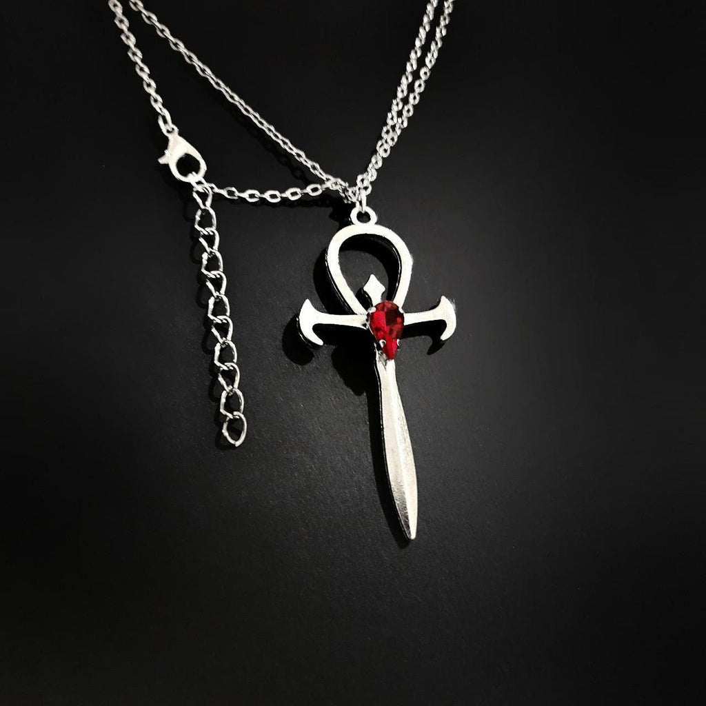 18" Red Crystal Gothic Ankh Necklace