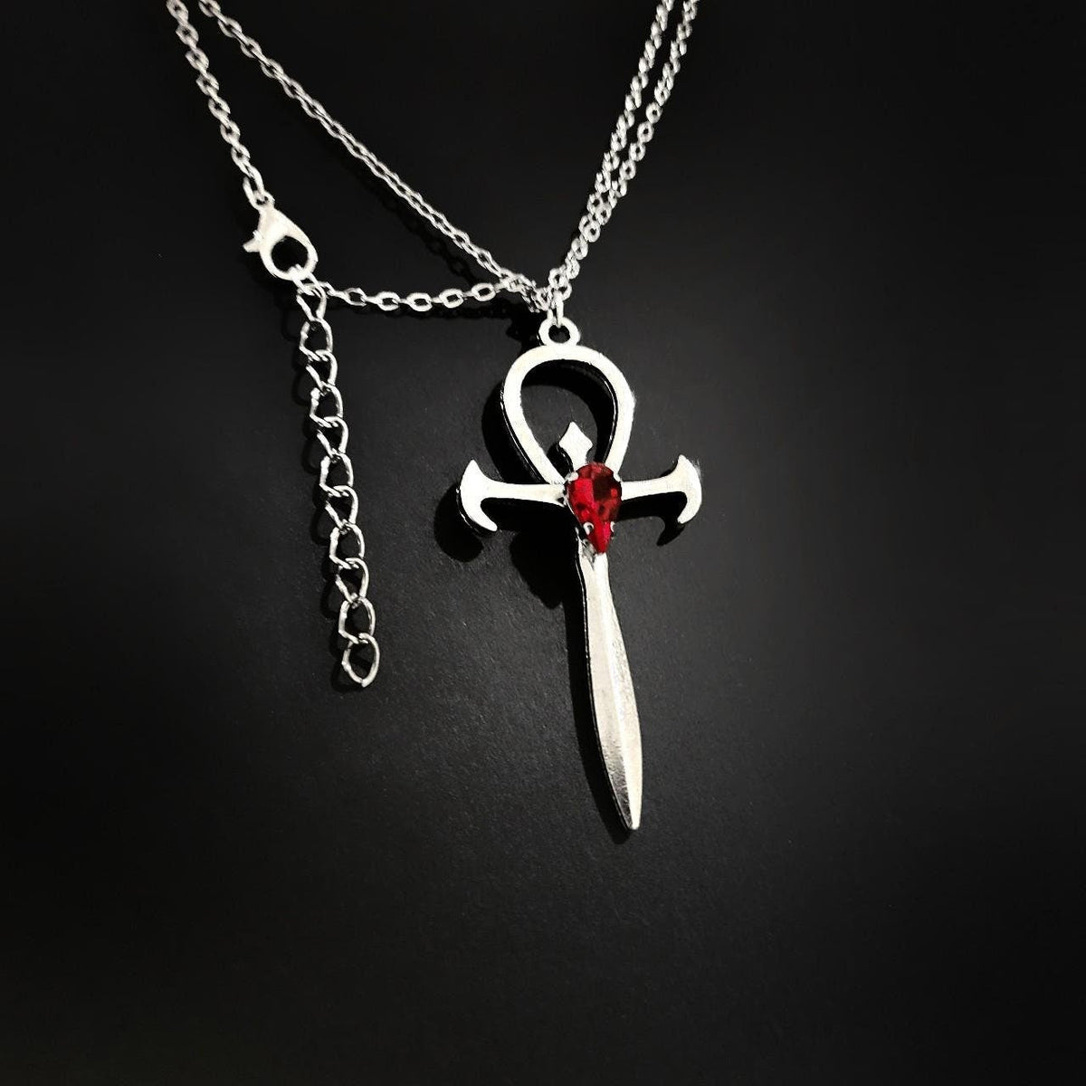 18" Red Crystal Gothic Ankh Necklace