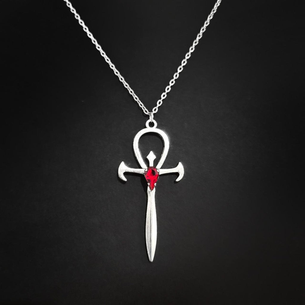 18" Red Crystal Gothic Ankh Necklace