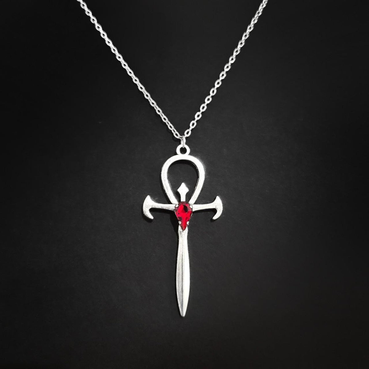 18" Red Crystal Gothic Ankh Necklace