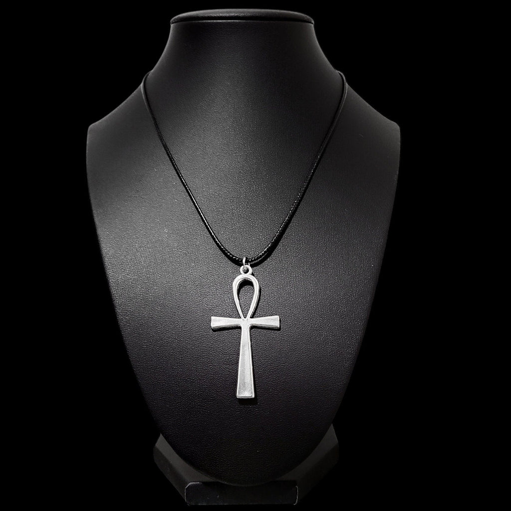 16" Silver Ankh Pendant Necklace - Black Cord
