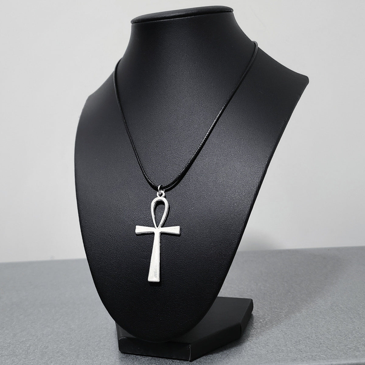 16" Silver Ankh Pendant Necklace - Black Cord