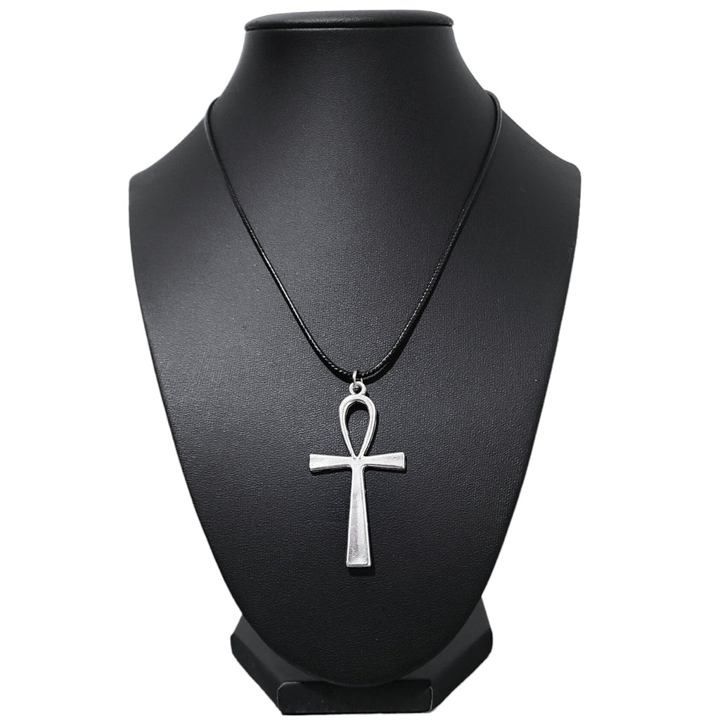 16" Silver Ankh Pendant Necklace - Black Cord