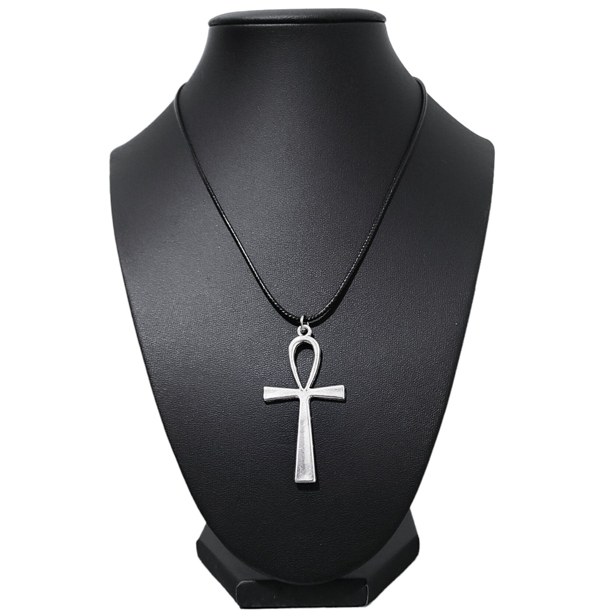 16" Silver Ankh Pendant Necklace - Black Cord