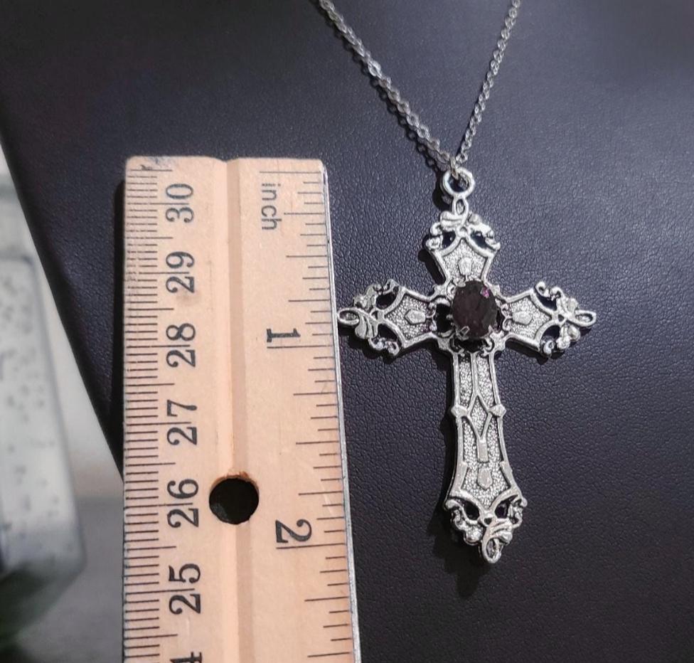 18" Silver Gothic Cross Necklace 021-PURPLE
