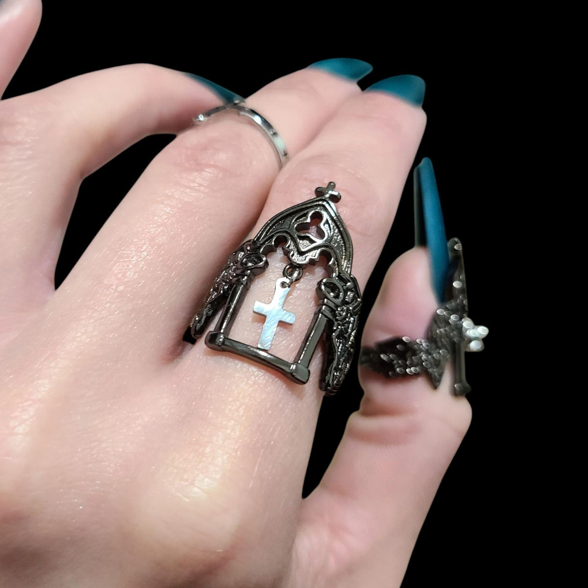 Gunmetal Cross Charm Cathedral Ring - SS