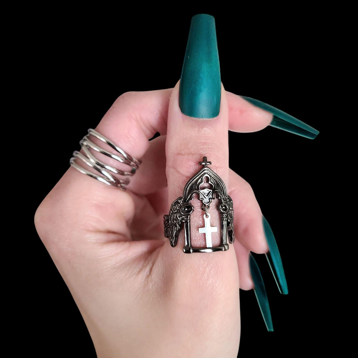 Gunmetal Cross Charm Cathedral Ring - SS