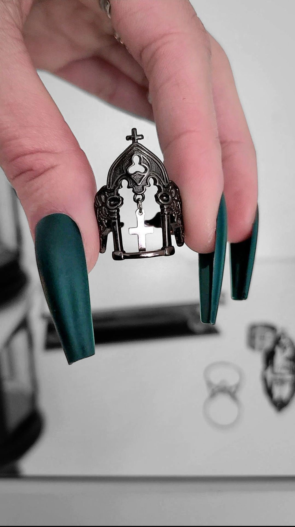 Gunmetal Cross Charm Cathedral Ring - SS