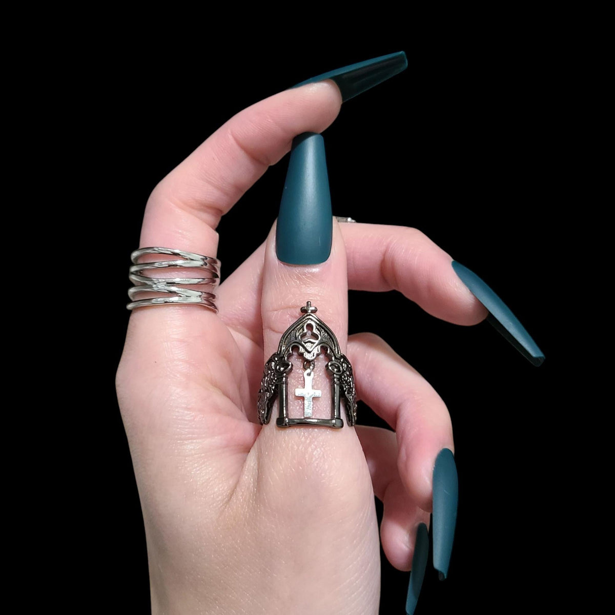 Gunmetal Cross Charm Cathedral Ring - SS