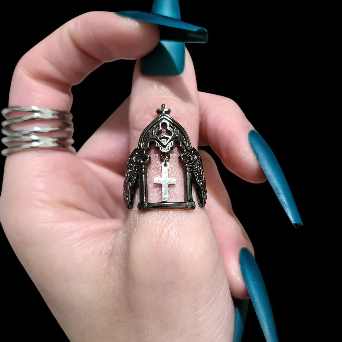 Gunmetal Cross Charm Cathedral Ring - SS