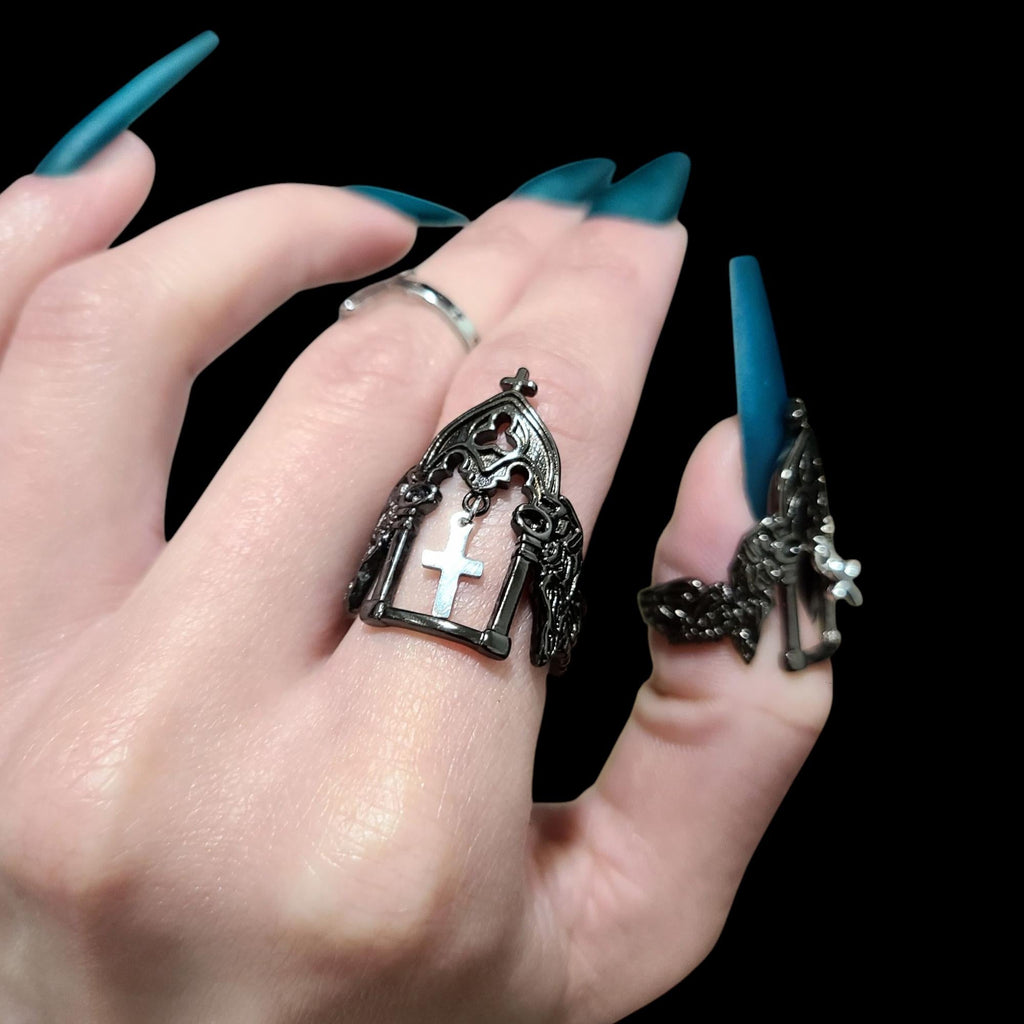 Gunmetal Cross Charm Cathedral Ring - SS