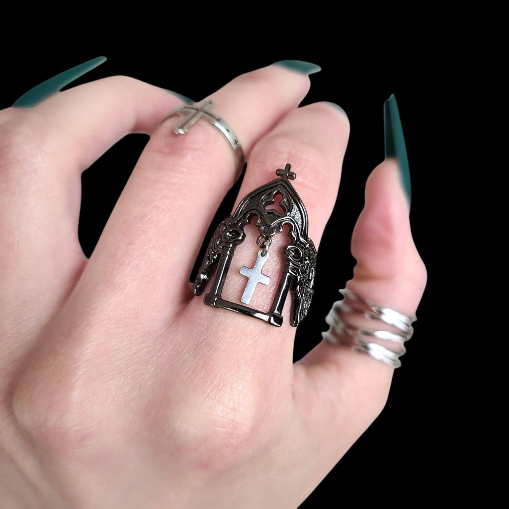 Gunmetal Cross Charm Cathedral Ring - SS