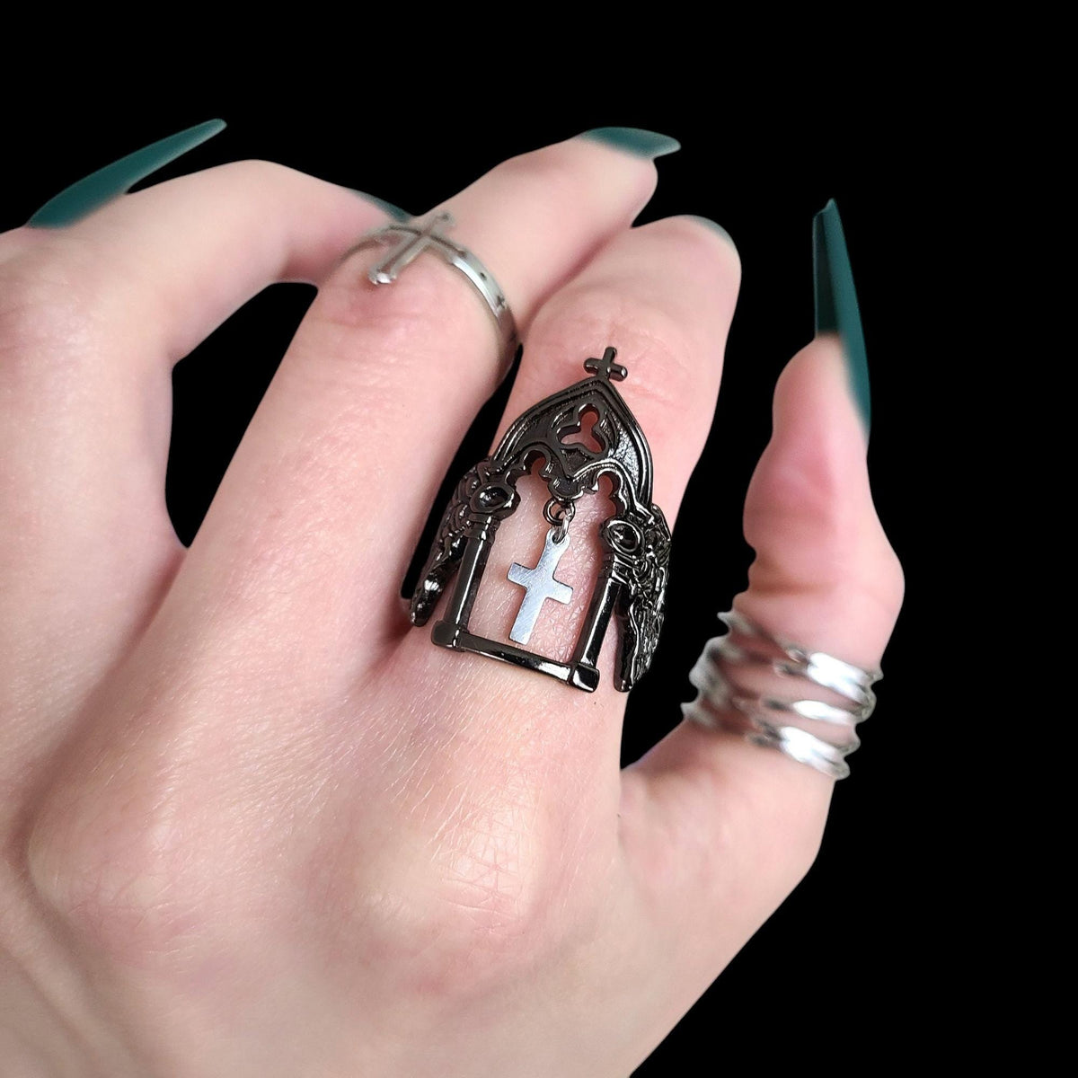 Gunmetal Cross Charm Cathedral Ring - SS