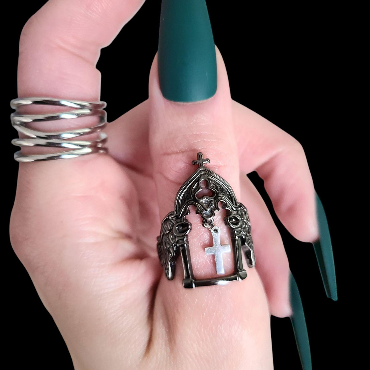 Gunmetal Cross Charm Cathedral Ring - SS