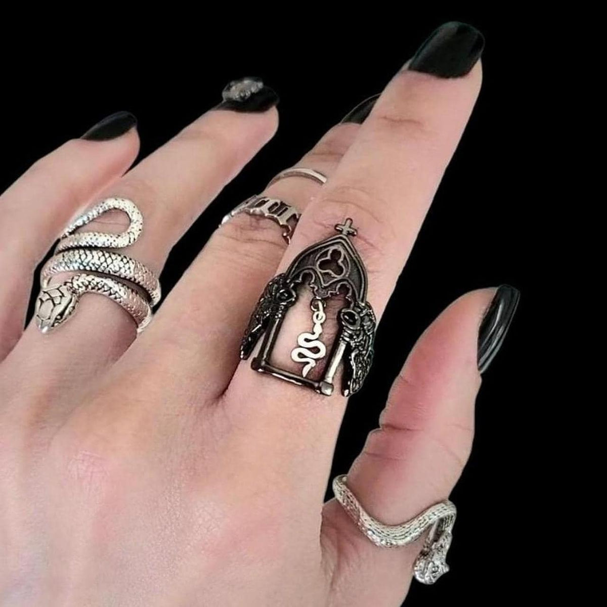 Black Silver Snake Cathedral Arch Ring