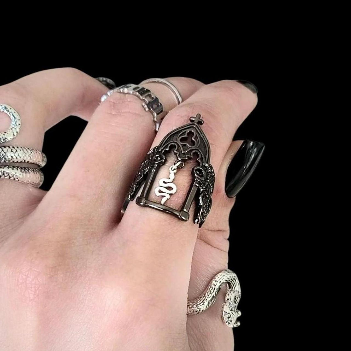 Black Silver Snake Cathedral Arch Ring