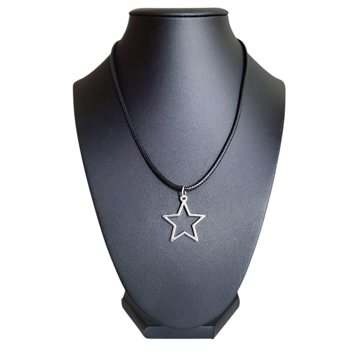 16" Silver Hollow Star Necklace - Black Cord
