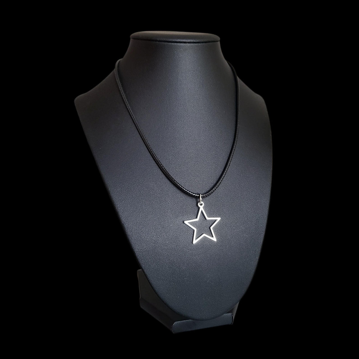 16" Silver Hollow Star Necklace - Black Cord