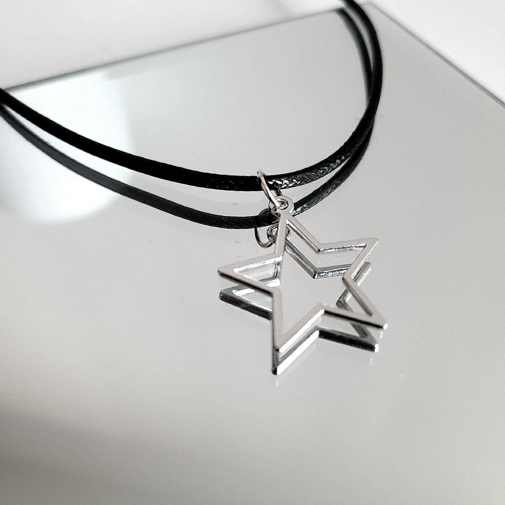 16" Silver Hollow Star Necklace - Black Cord