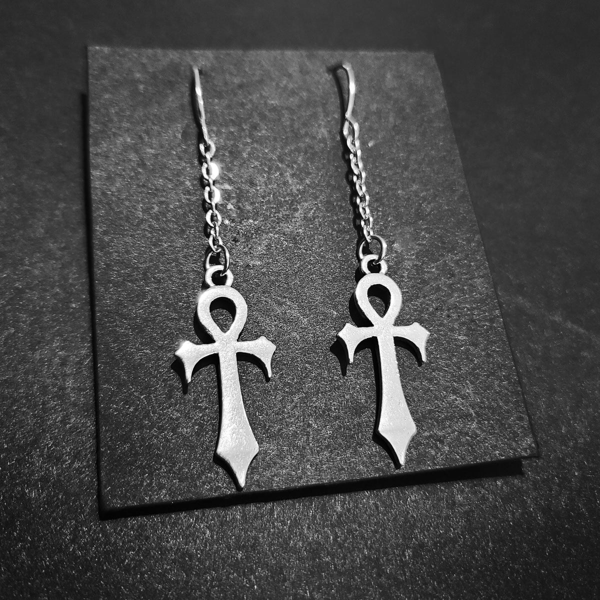 Silver Gothic Ankh Chain Drop Earrings