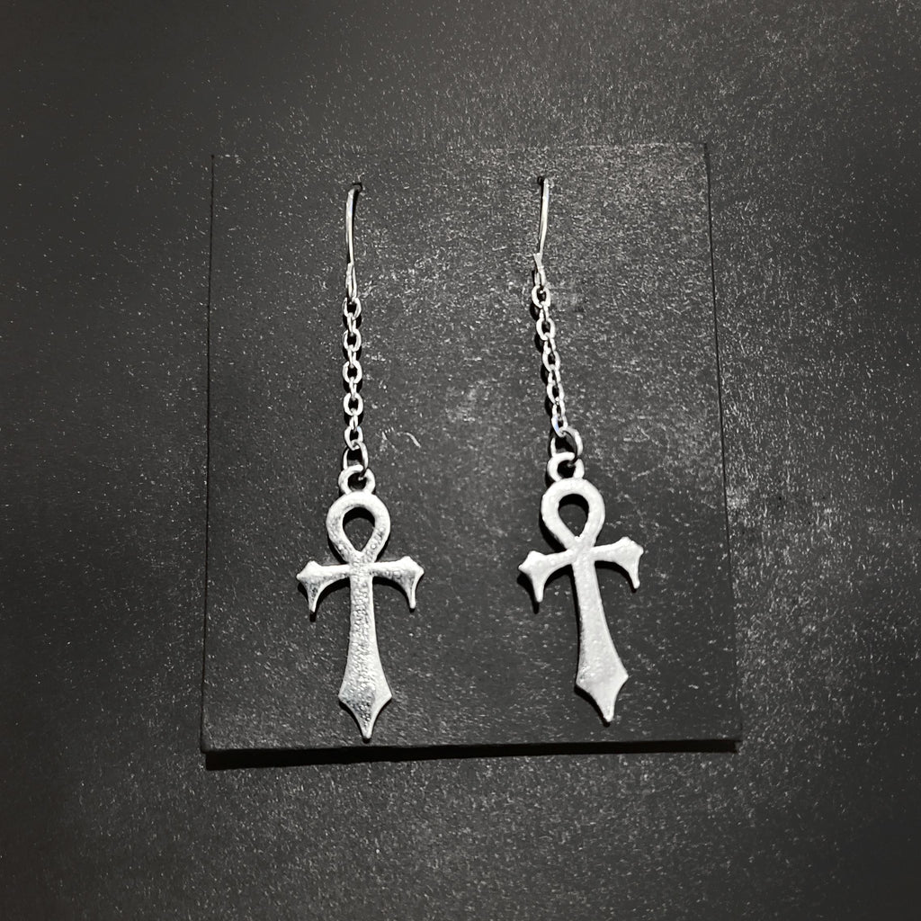 Silver Gothic Ankh Chain Drop Earrings