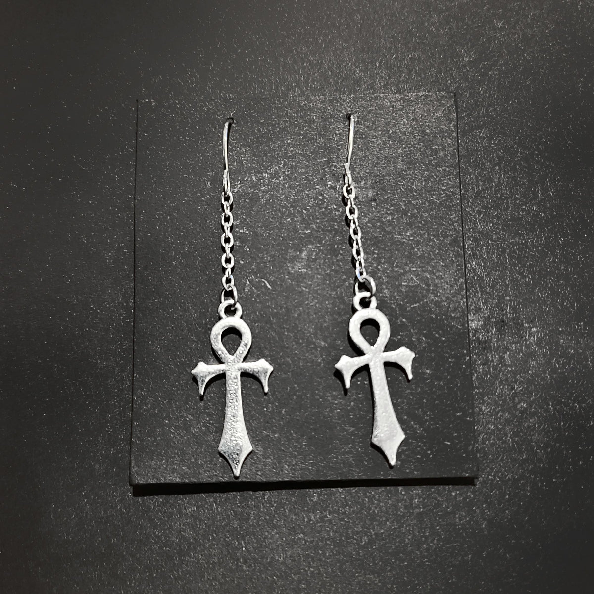 Silver Gothic Ankh Chain Drop Earrings