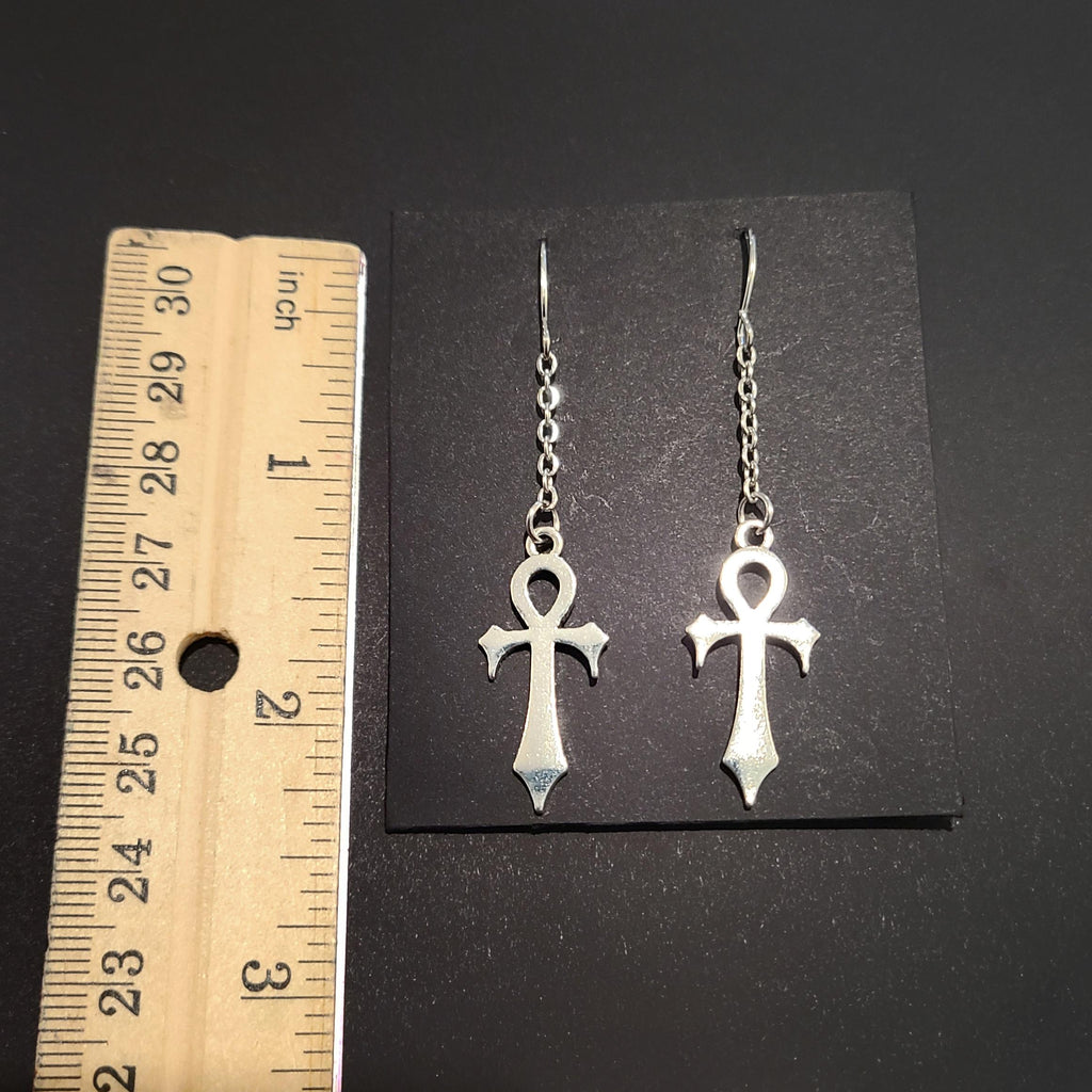 Silver Gothic Ankh Chain Drop Earrings