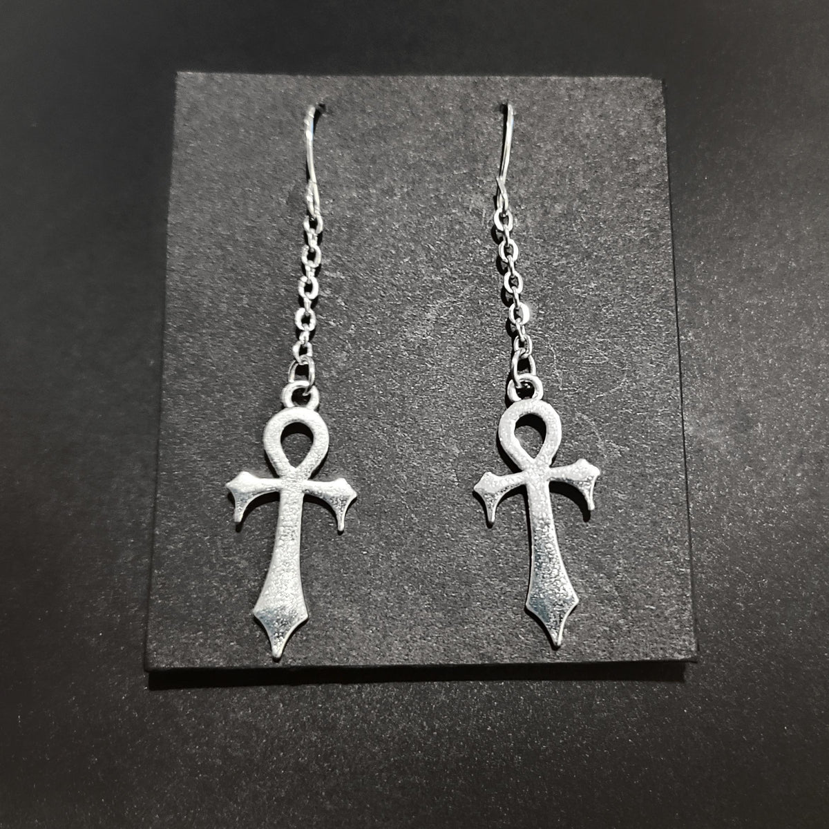 Silver Gothic Ankh Chain Drop Earrings