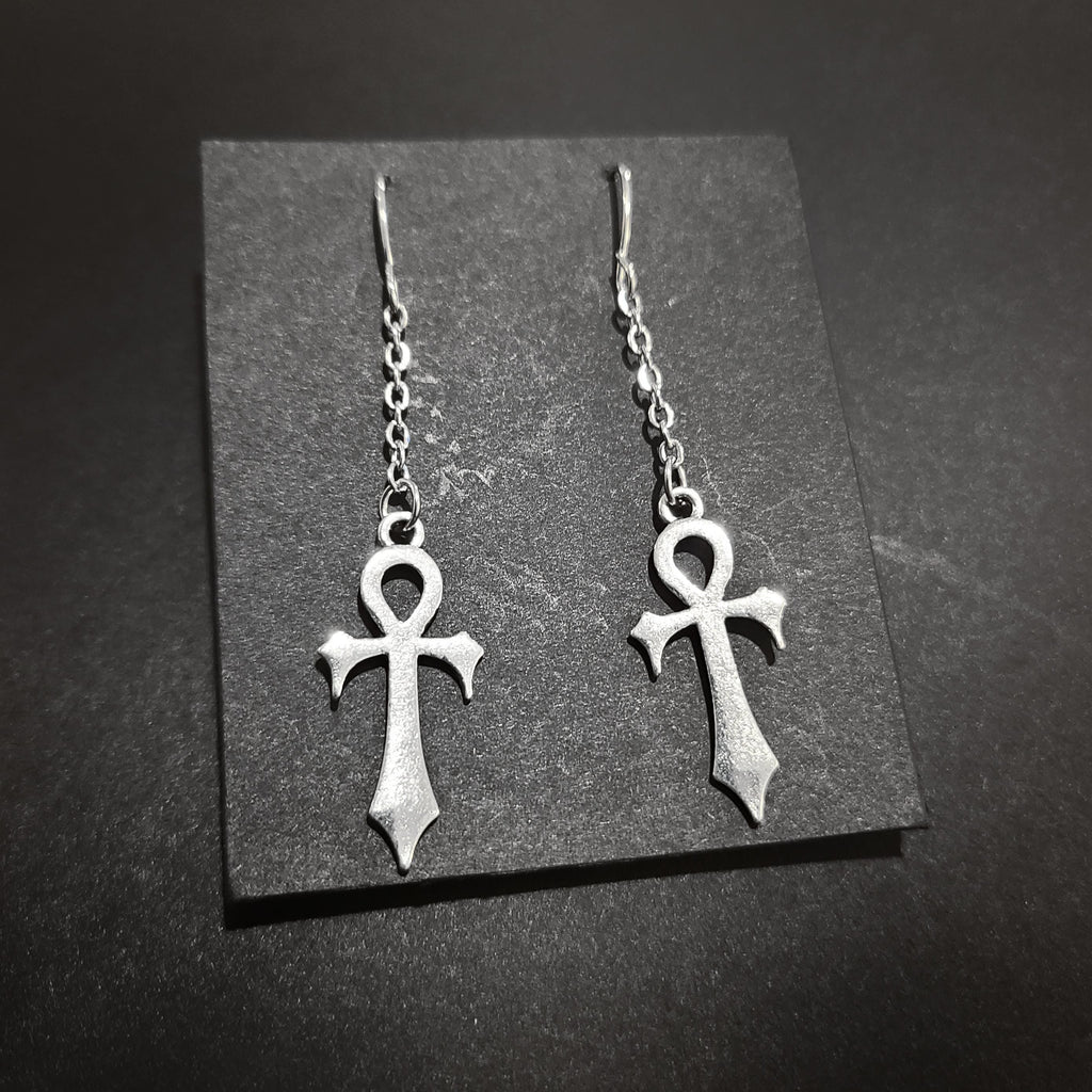 Silver Gothic Ankh Chain Drop Earrings