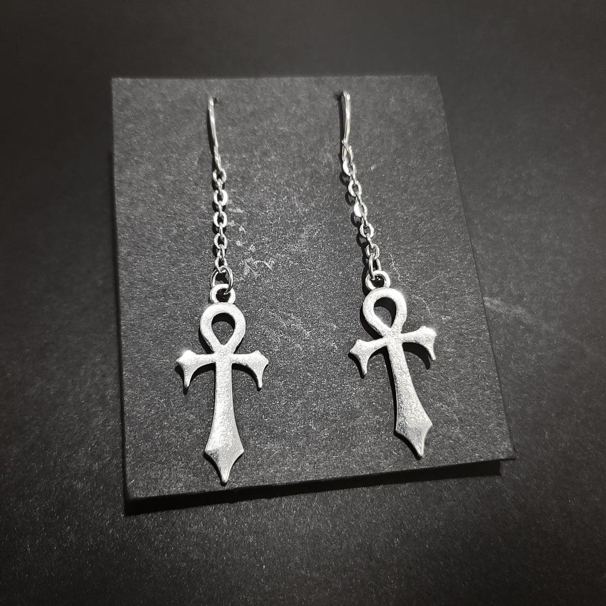 Silver Gothic Ankh Chain Drop Earrings
