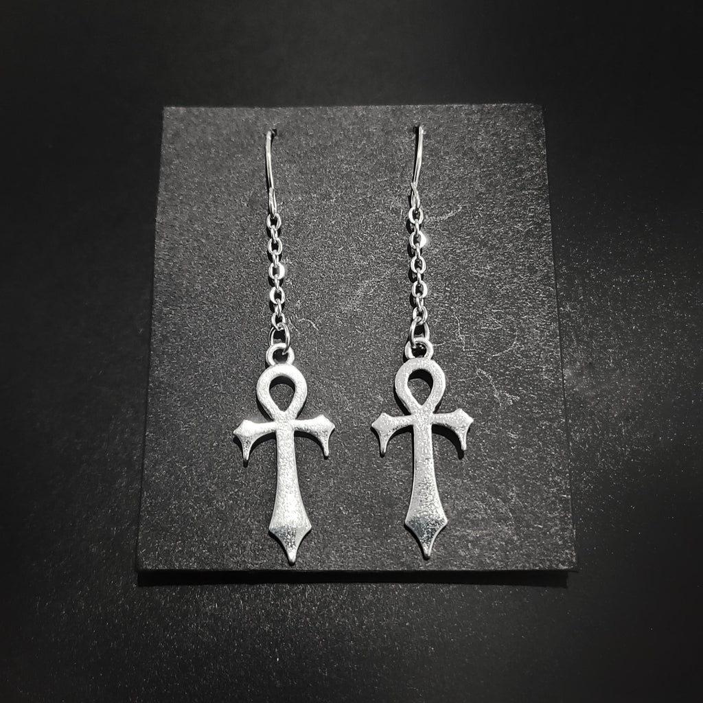 Silver Gothic Ankh Chain Drop Earrings