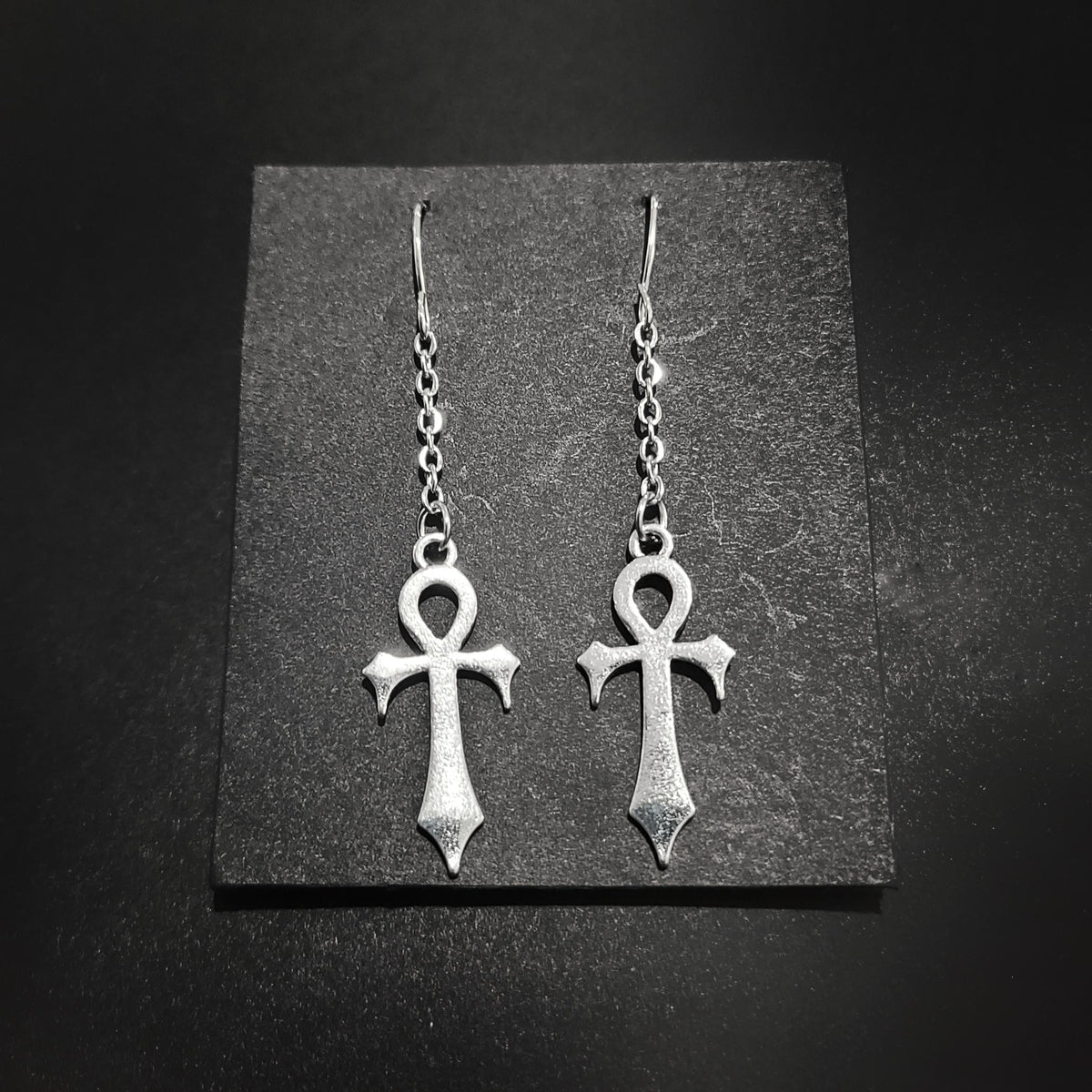 Silver Gothic Ankh Chain Drop Earrings
