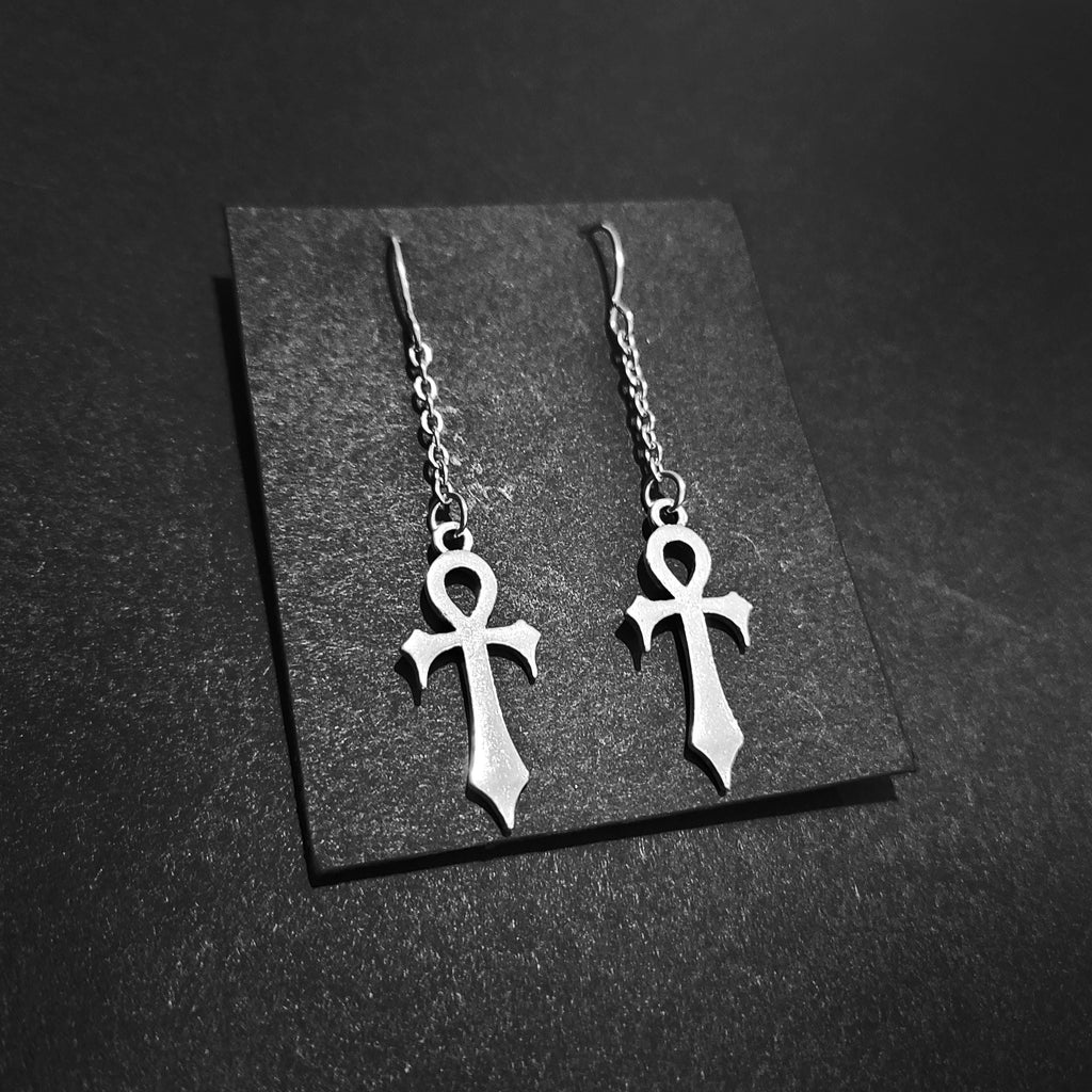 Silver Gothic Ankh Chain Drop Earrings