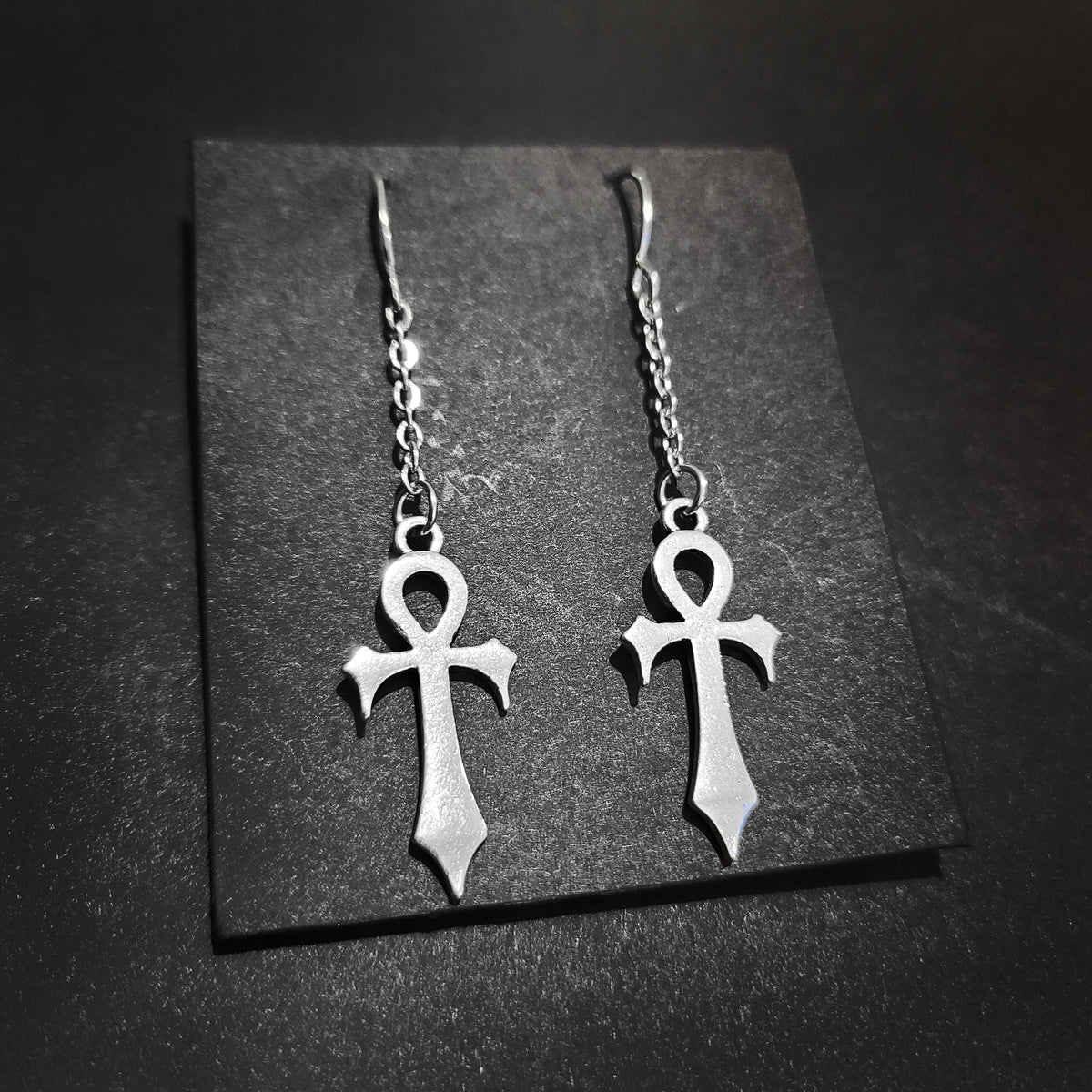 Silver Gothic Ankh Chain Drop Earrings