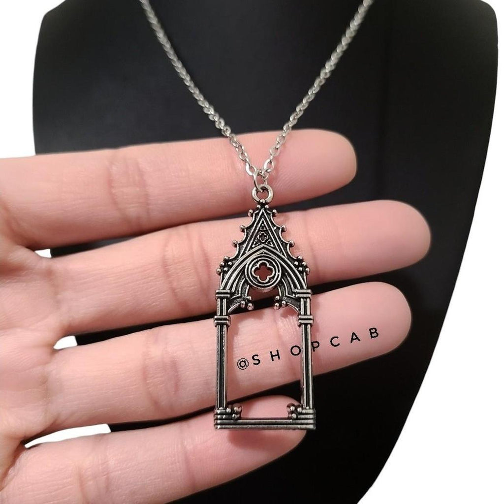 18" Silver Gothic Cathedral Pendant Necklace