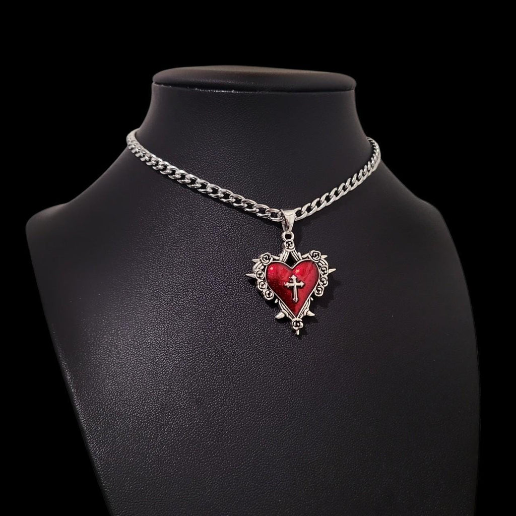 Red Silver Sacred Heart Choker 003 - NECKLACE