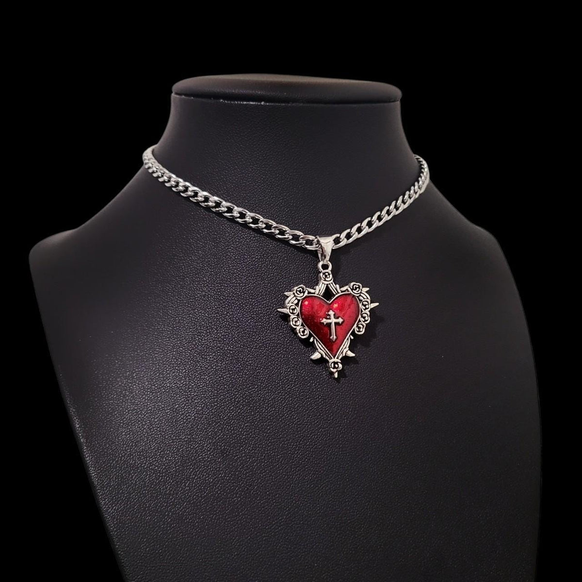 Red Silver Sacred Heart Choker 003 - NECKLACE