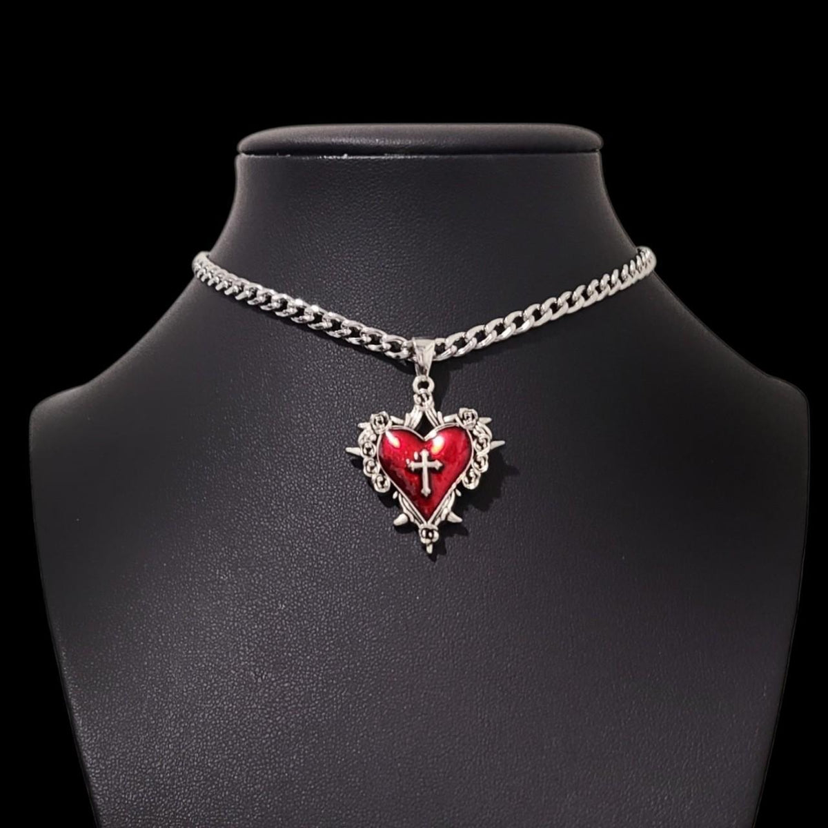 Red Silver Sacred Heart Choker 003 - NECKLACE