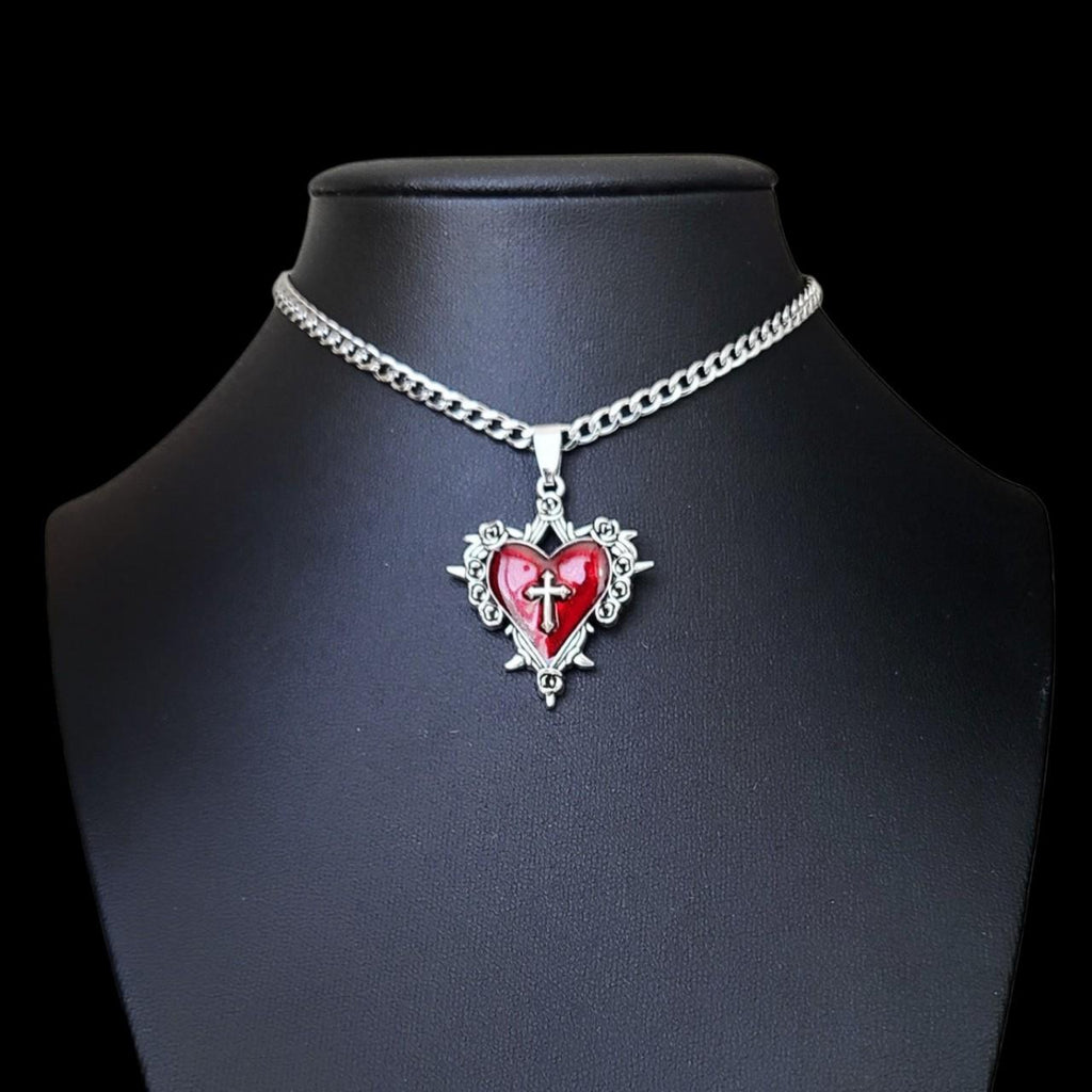Red Silver Sacred Heart Choker 003 - NECKLACE