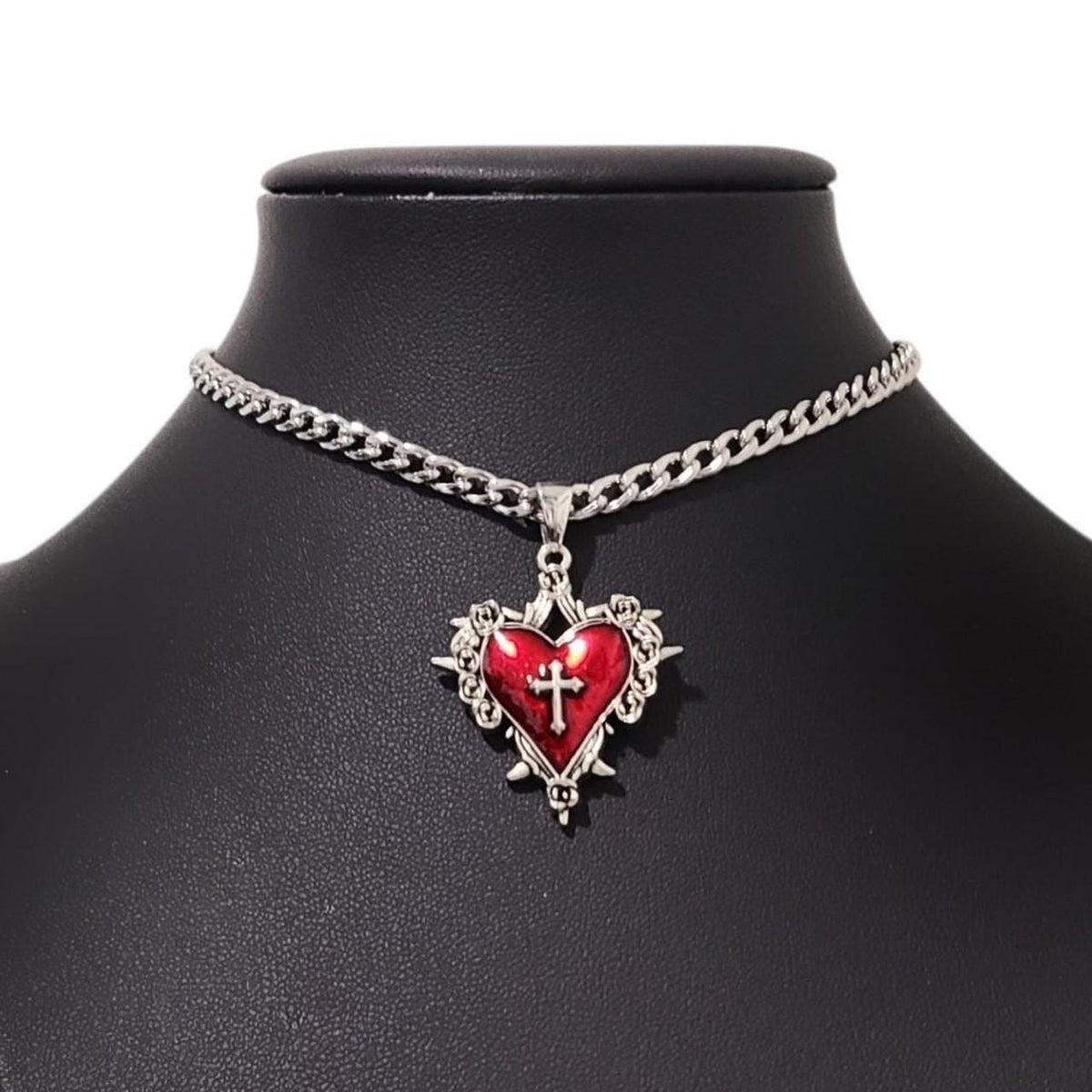 Red Silver Sacred Heart Choker 003 - NECKLACE