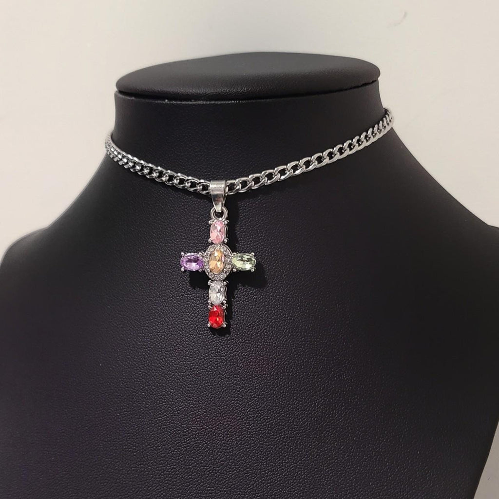 Colorful Crystal Cross Choker Necklace