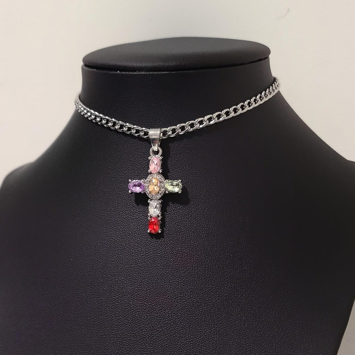 Colorful Crystal Cross Choker Necklace