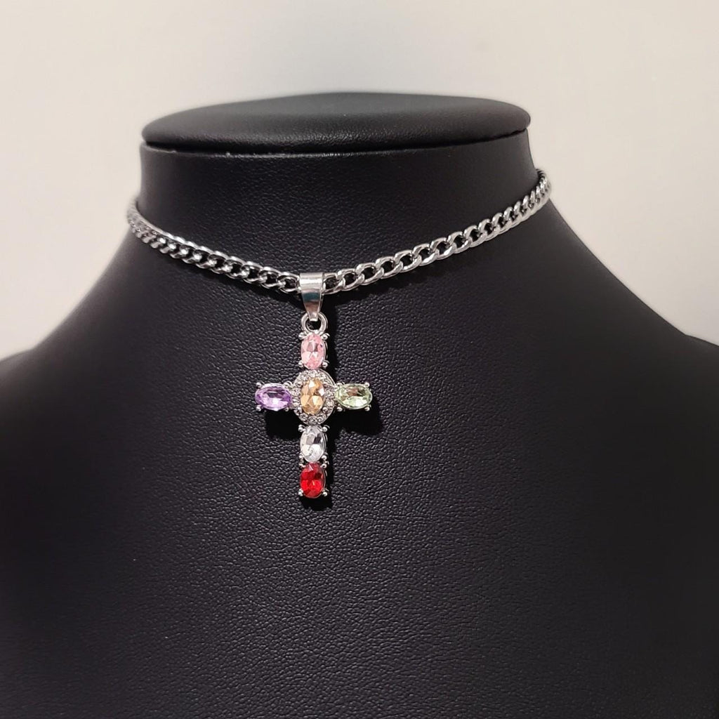 Colorful Crystal Cross Choker Necklace